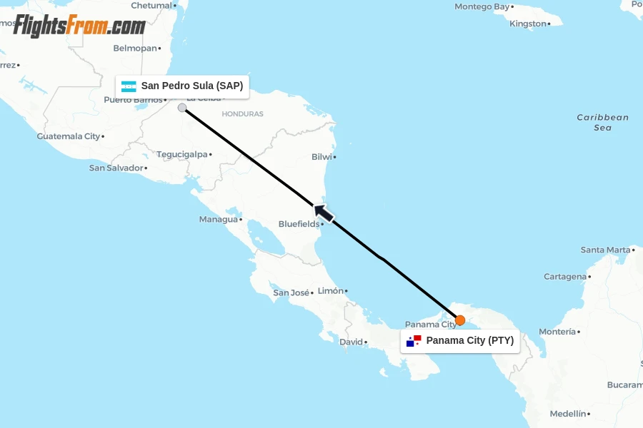 Flights from Panama City to San Pedro Sula route map