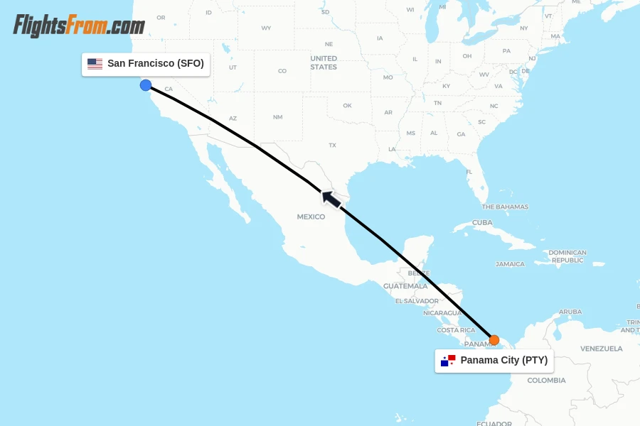 Flights from Panama City to San Francisco route map