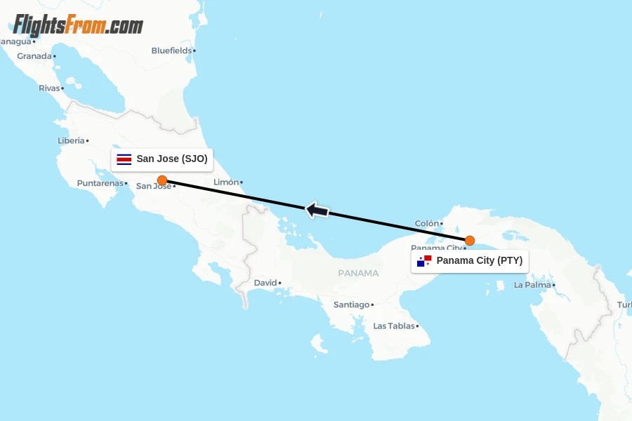 Flights from Panama City to San Jose route map