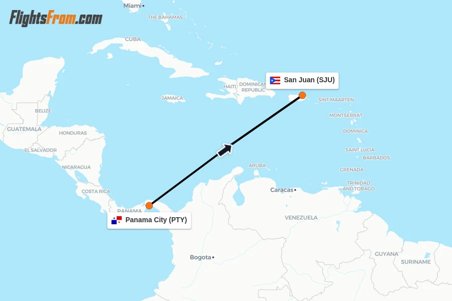 Flights from Panama City to San Juan route map