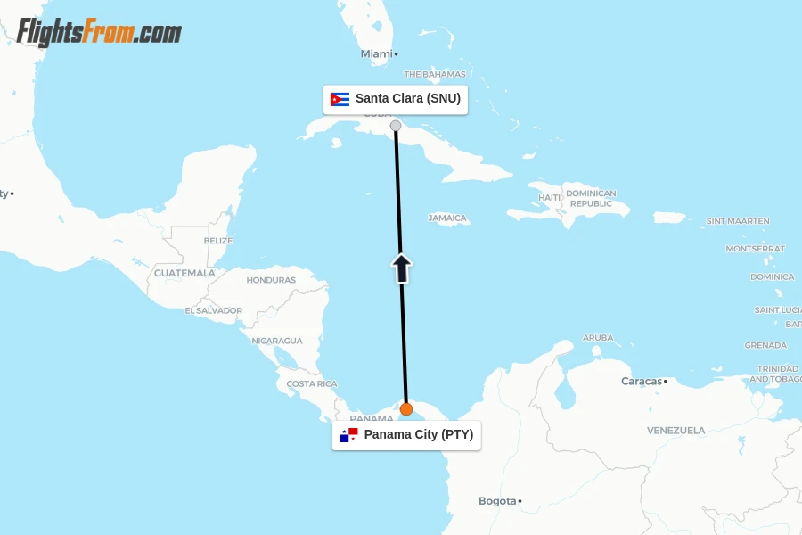 Flights from Panama City to Santa Clara route map