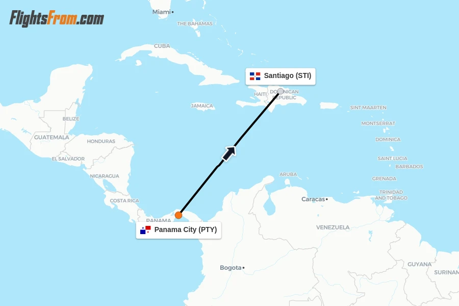 Flights from Panama City to Santiago route map