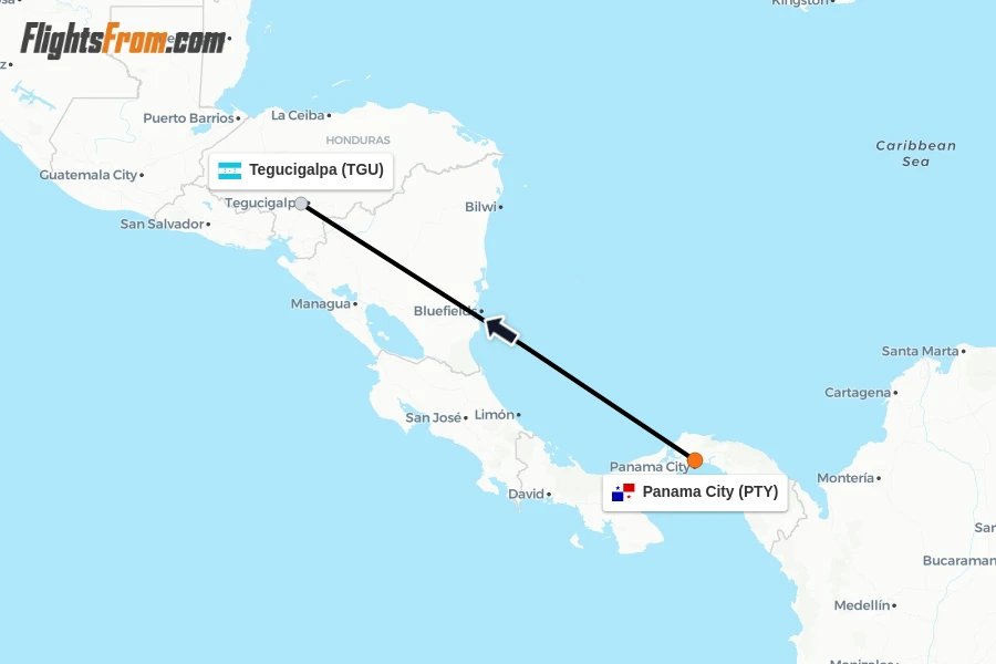 Flights from Panama City to Tegucigalpa route map