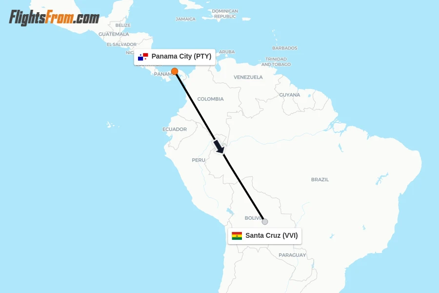 Flights from Panama City to Santa Cruz route map