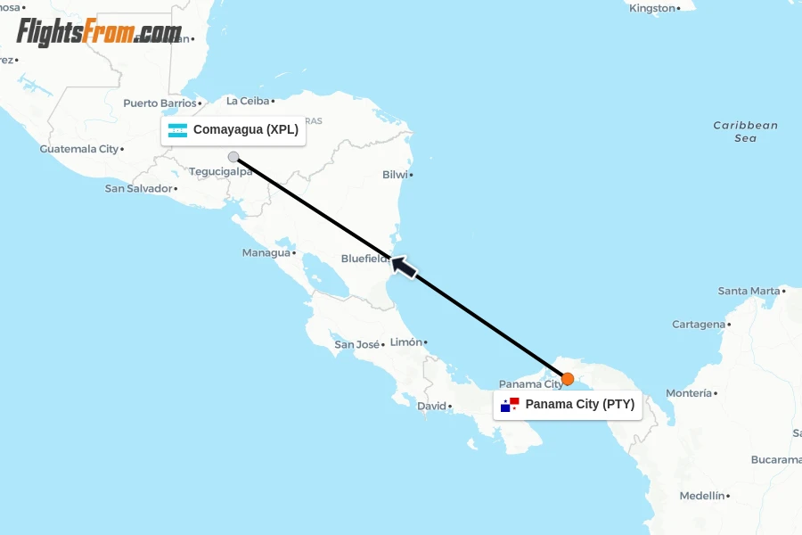 Flights from Panama City to Comayagua route map