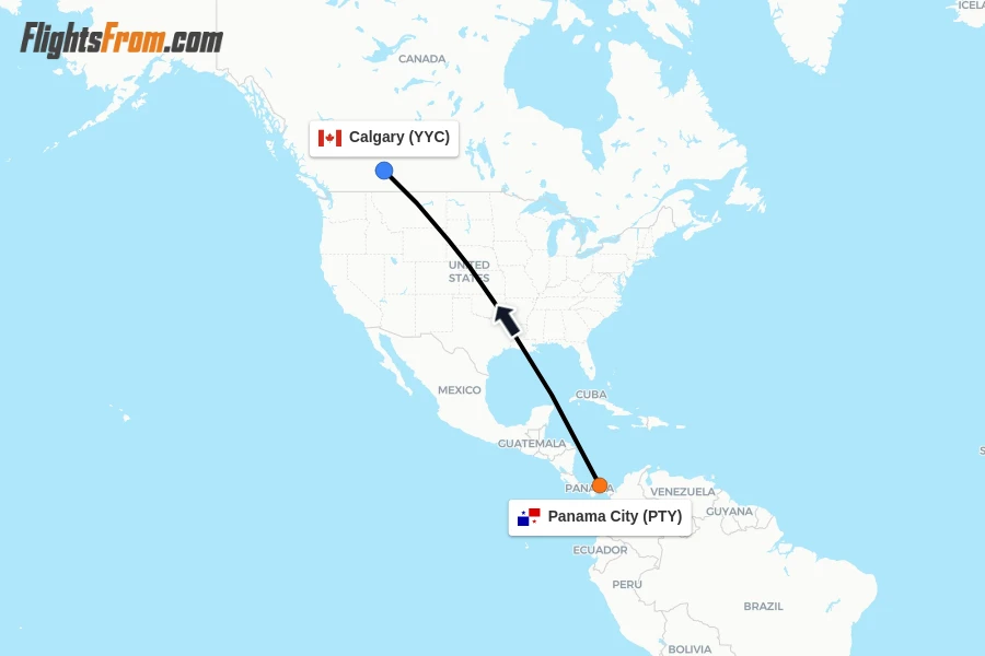 Flights from Panama City to Calgary route map