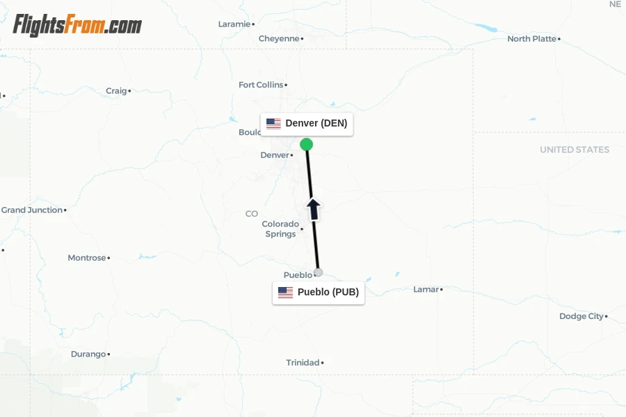 Flights from Pueblo to Denver route map