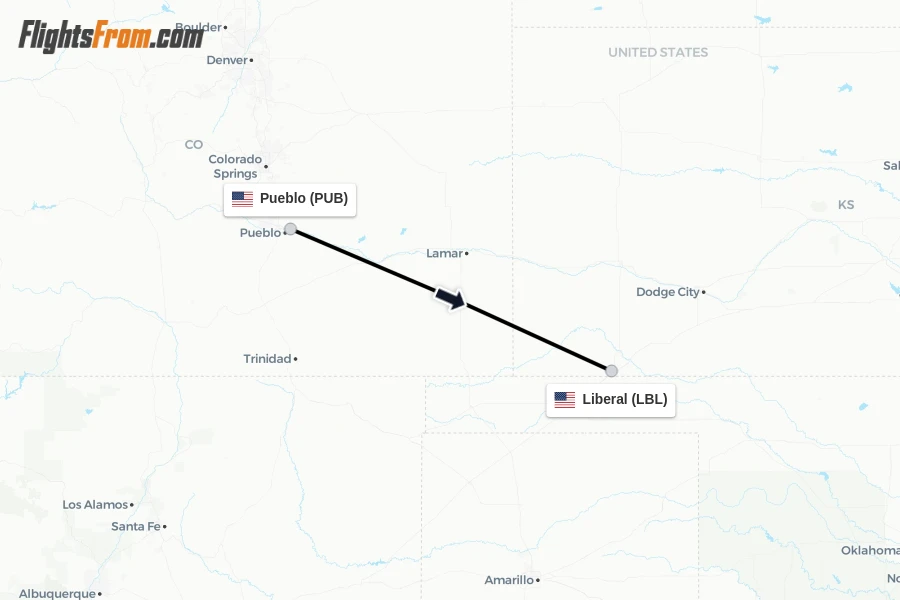 Flights from Pueblo to Liberal route map