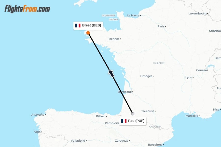 Flights from Pau to Brest route map