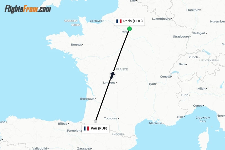 Flights from Pau to Paris route map