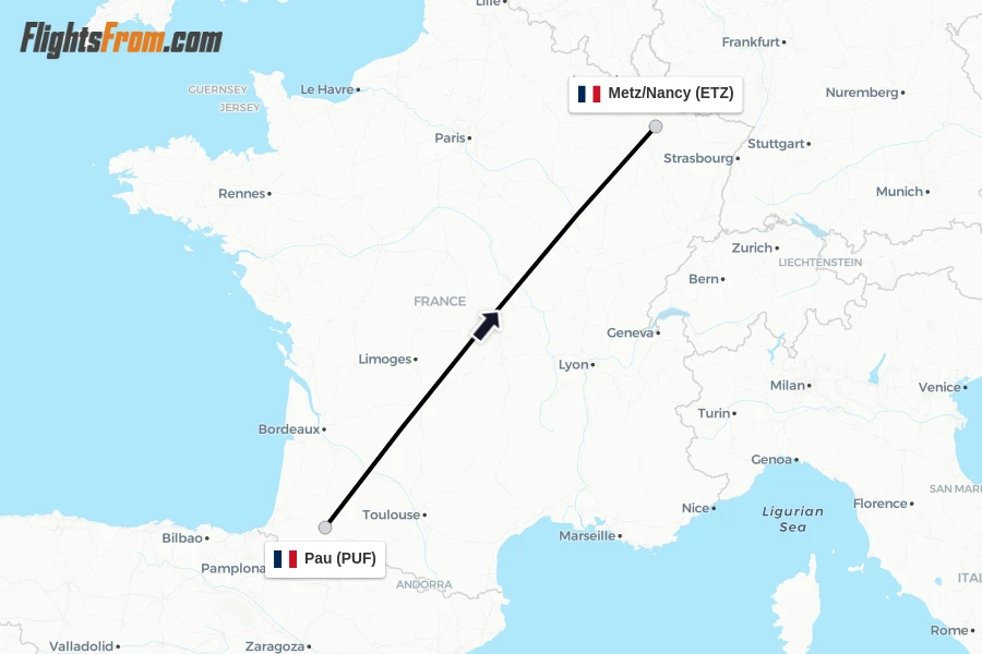 Flights from Pau to Metz/Nancy route map
