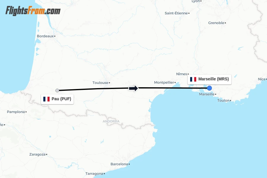 Flights from Pau to Marseille route map