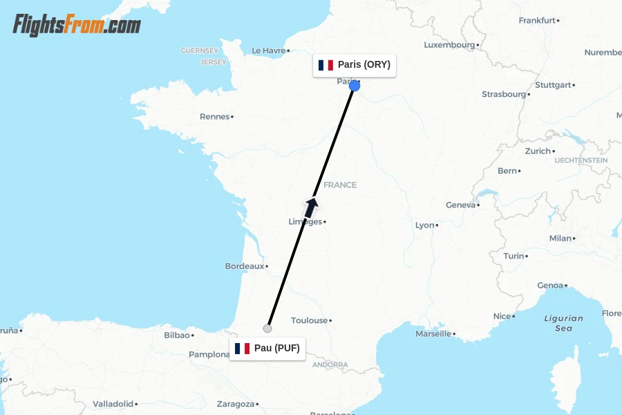 Flights from Pau to Paris route map