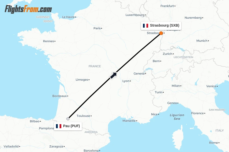 Flights from Pau to Strasbourg route map