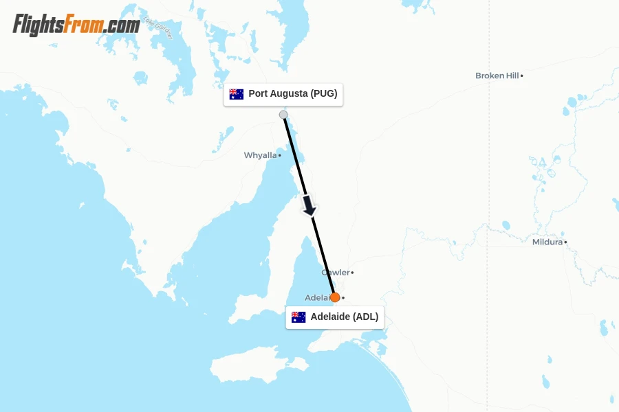 Flights from Port Augusta to Adelaide route map