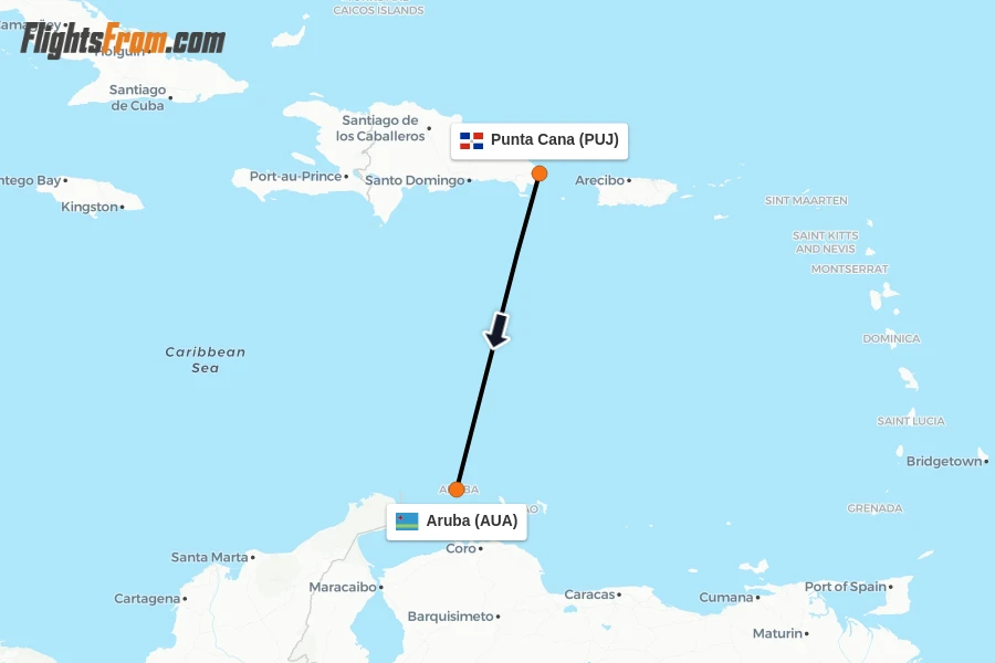 Flights from Punta Cana to Aruba route map