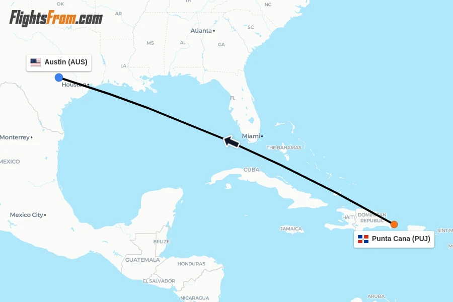 Flights from Punta Cana to Austin route map