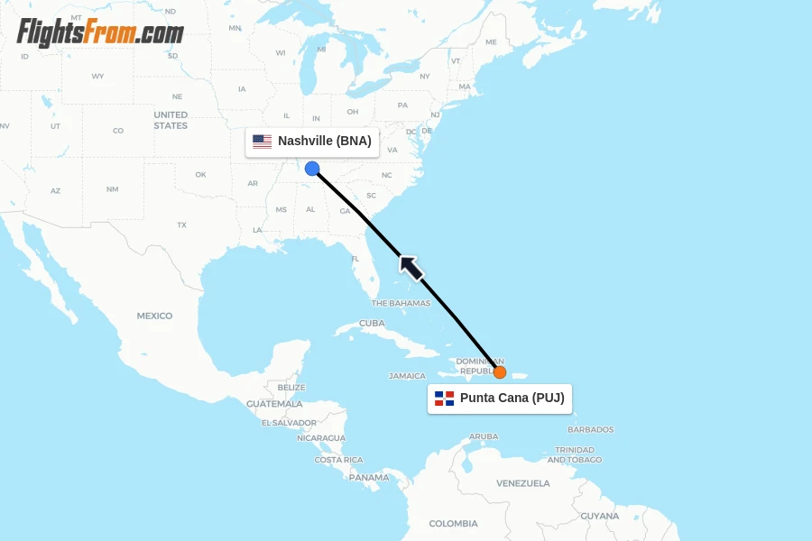 Flights from Punta Cana to Nashville route map