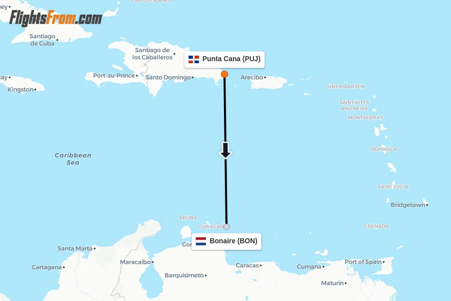 Flights from Punta Cana to Bonaire route map