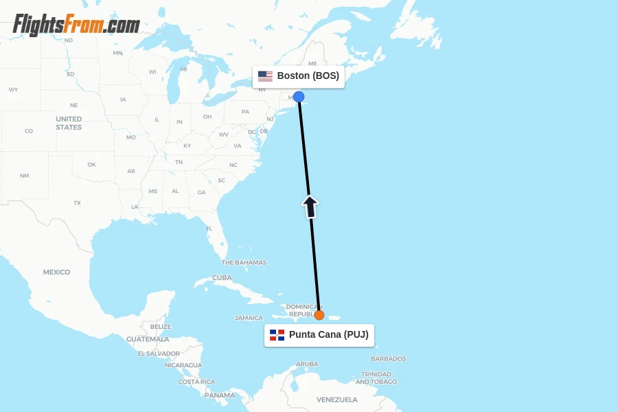Flights from Punta Cana to Boston route map