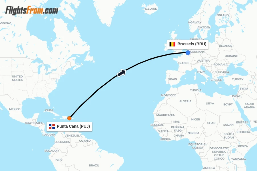 Flights from Punta Cana to Brussels route map