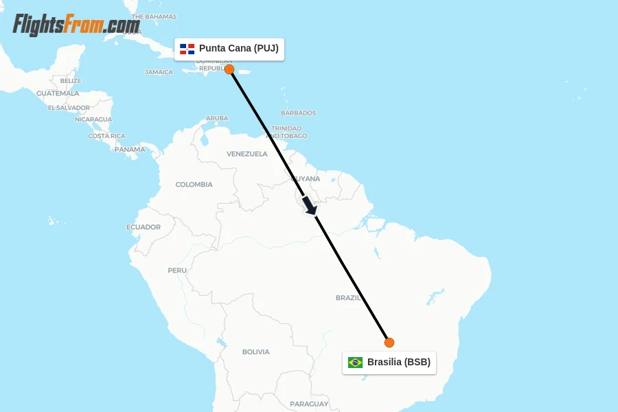 Flights from Punta Cana to Brasilia route map