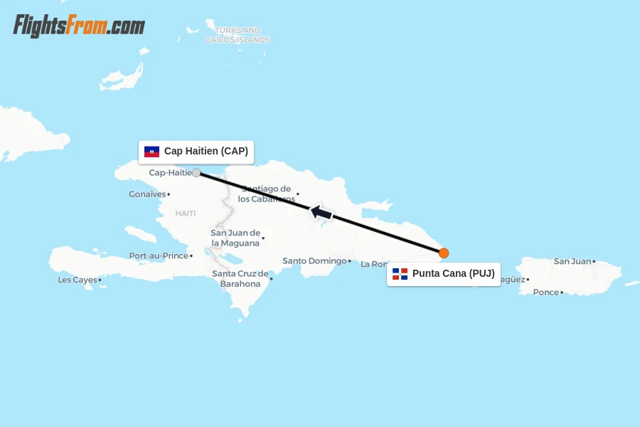 Flights from Punta Cana to Cap Haitien route map