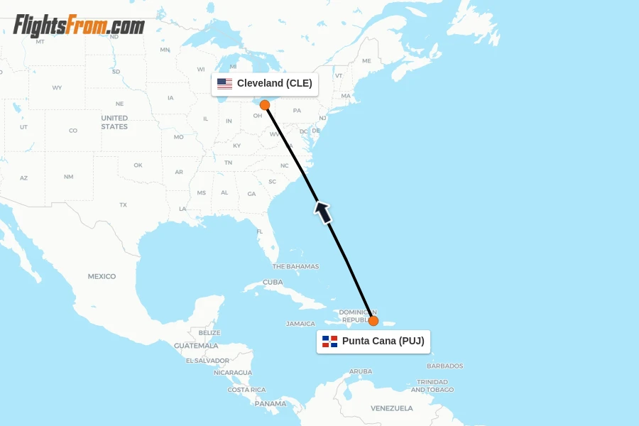 Flights from Punta Cana to Cleveland route map