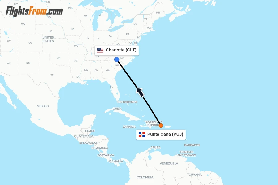 Flights from Punta Cana to Charlotte route map