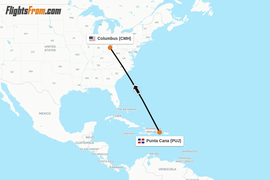 Flights from Punta Cana to Columbus route map