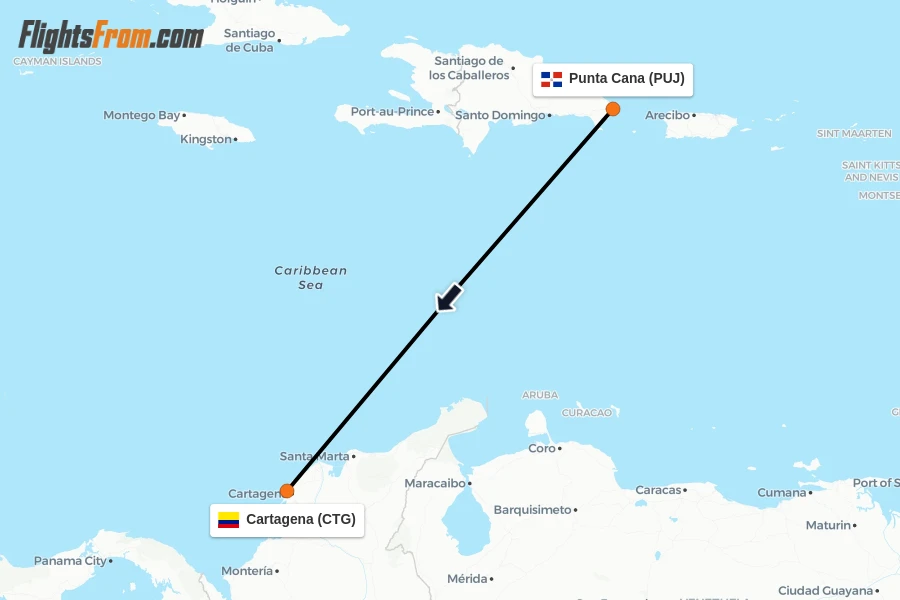 Flights from Punta Cana to Cartagena route map