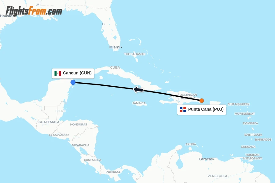 Flights from Punta Cana to Cancun route map