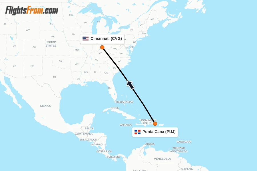 Flights from Punta Cana to Cincinnati route map