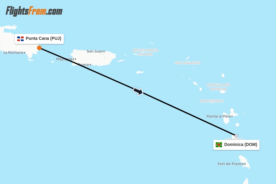 Flights from Punta Cana to Dominica route map