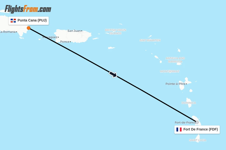 Flights from Punta Cana to Fort De France route map