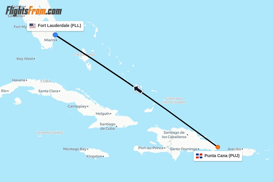 Flights from Punta Cana to Fort Lauderdale route map