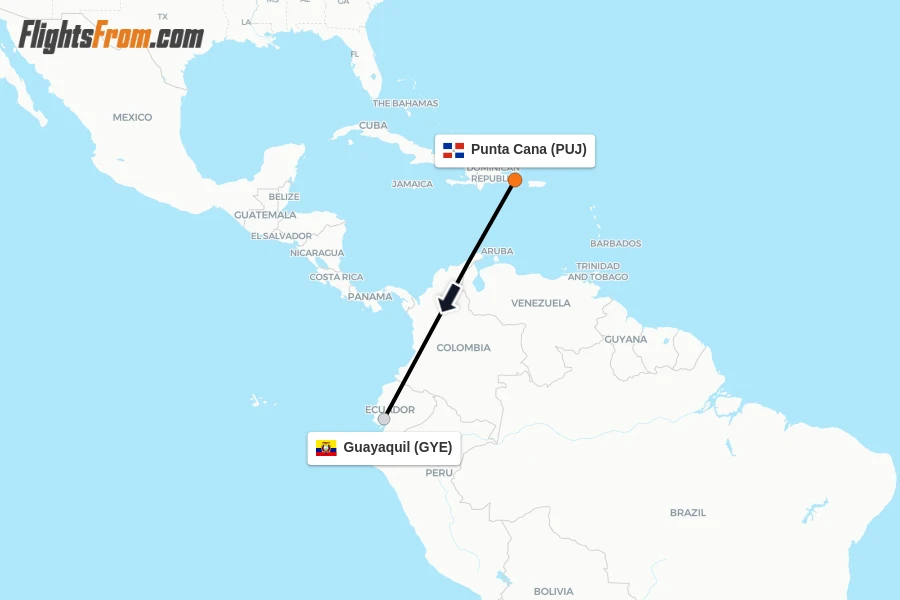 Flights from Punta Cana to Guayaquil route map