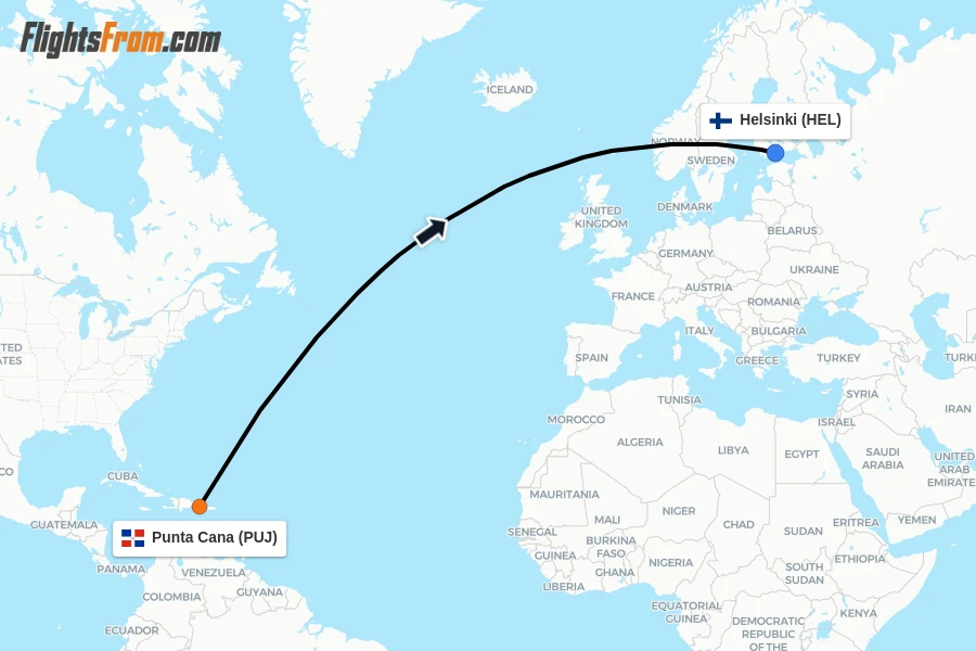 Flights from Punta Cana to Helsinki route map
