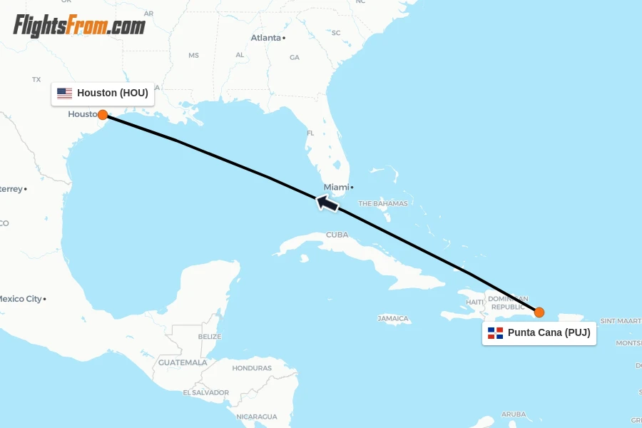 Flights from Punta Cana to Houston route map
