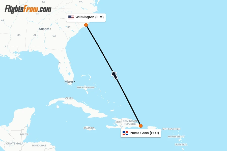 Flights from Punta Cana to Wilmington route map