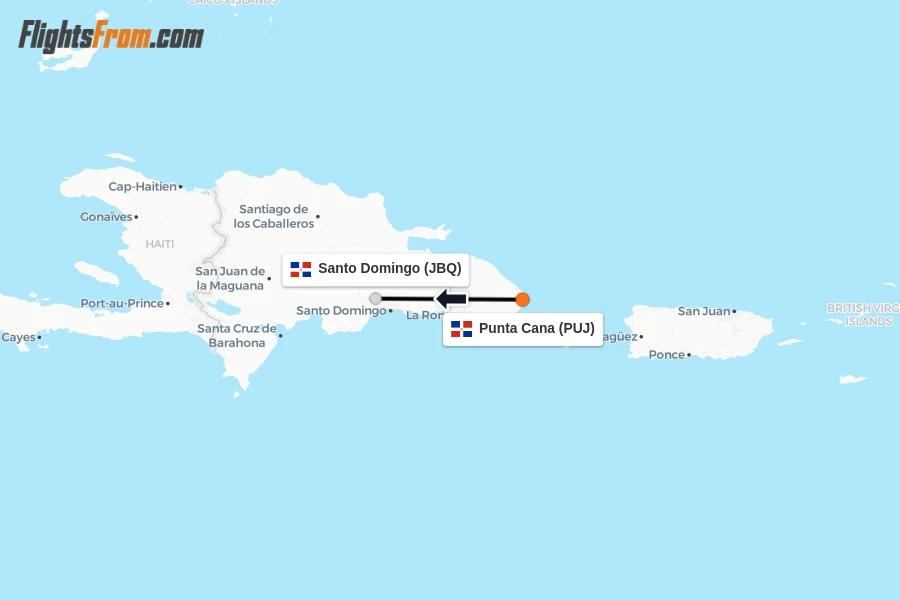 Flights from Punta Cana to Santo Domingo route map