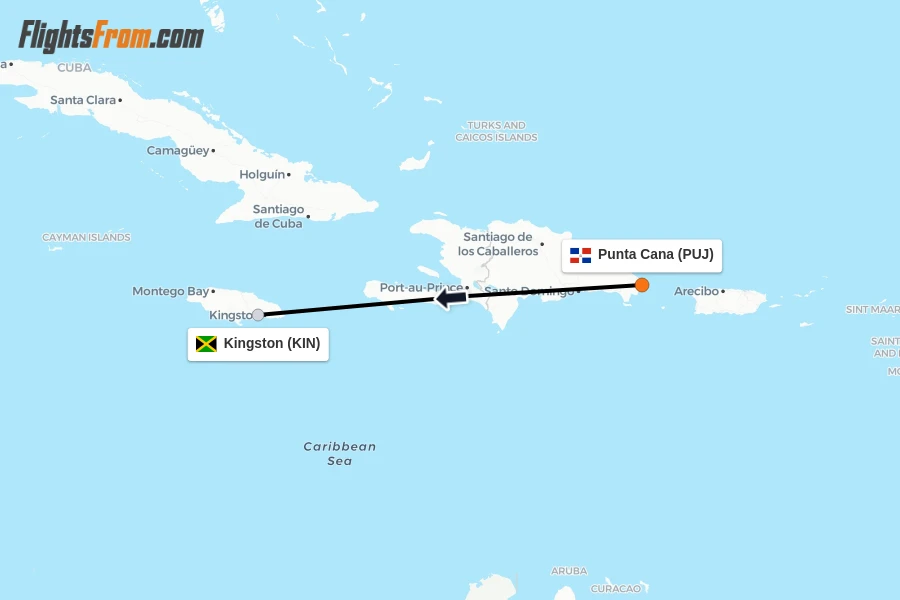 Flights from Punta Cana to Kingston route map