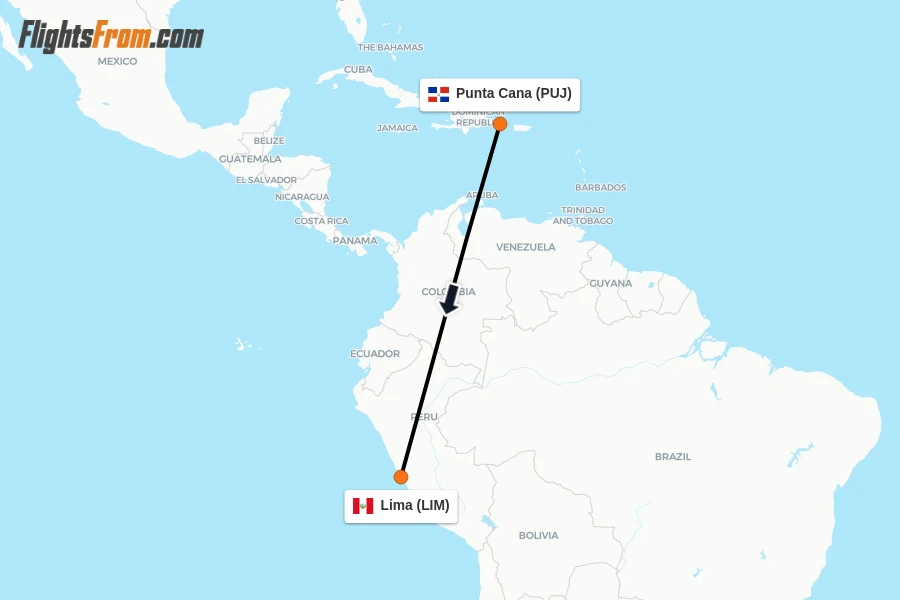 Flights from Punta Cana to Lima route map
