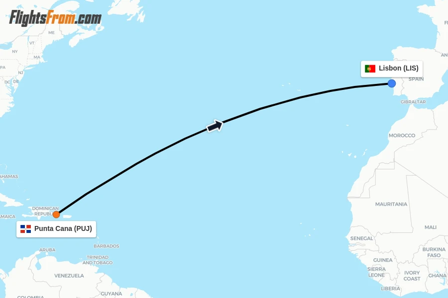 Flights from Punta Cana to Lisbon route map