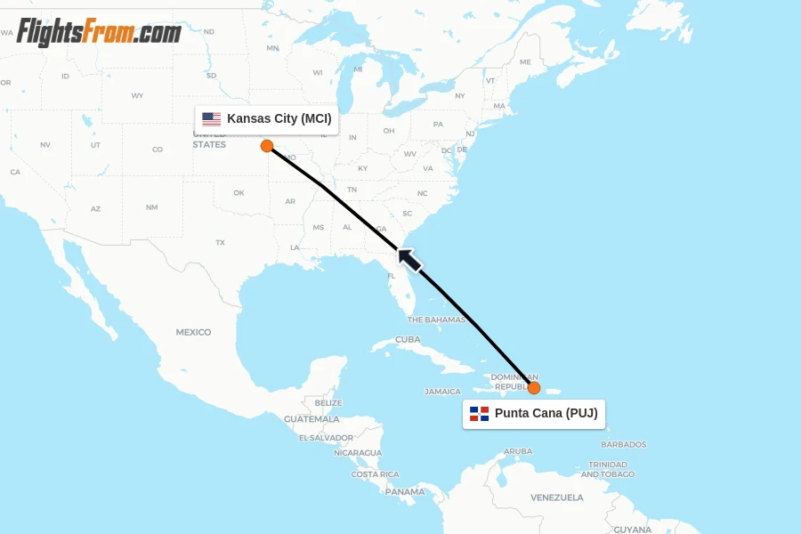 Flights from Punta Cana to Kansas City route map