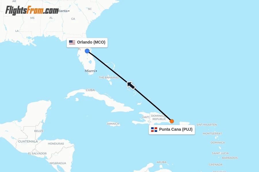 Flights from Punta Cana to Orlando route map