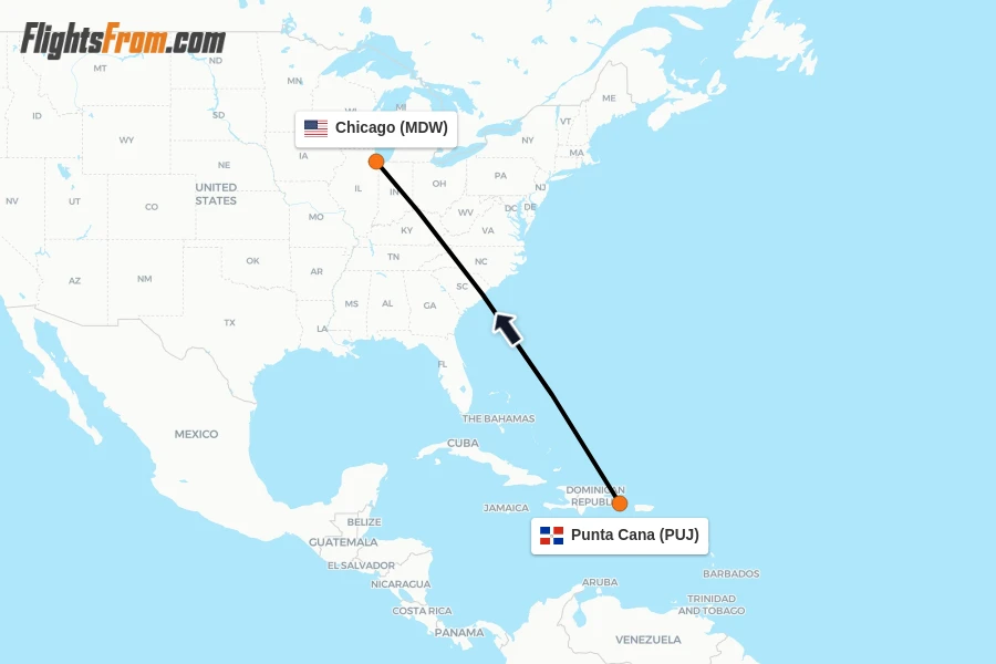 Flights from Punta Cana to Chicago route map