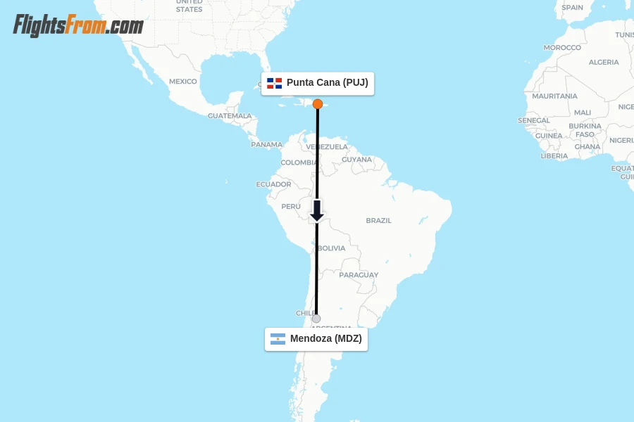 Flights from Punta Cana to Mendoza route map