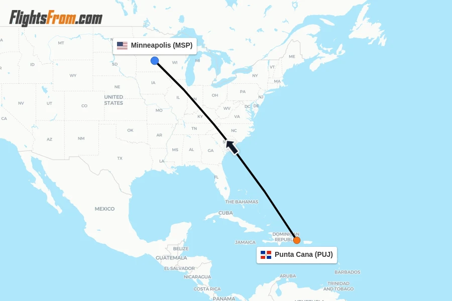 Flights from Punta Cana to Minneapolis route map