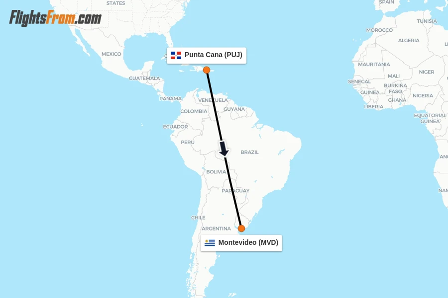 Flights from Punta Cana to Montevideo route map